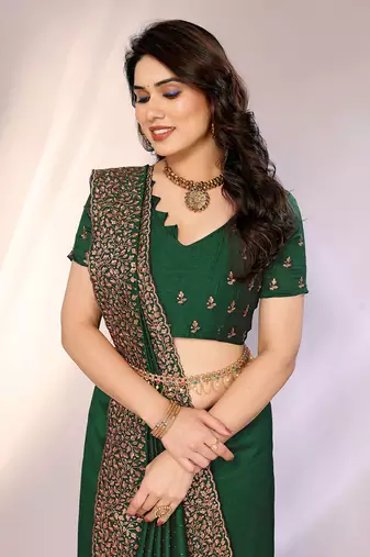 Bottle greeen color vichitra silk saree with blouse piece