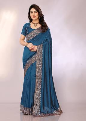 Teal color vichitra silk saree with blouse piece 1