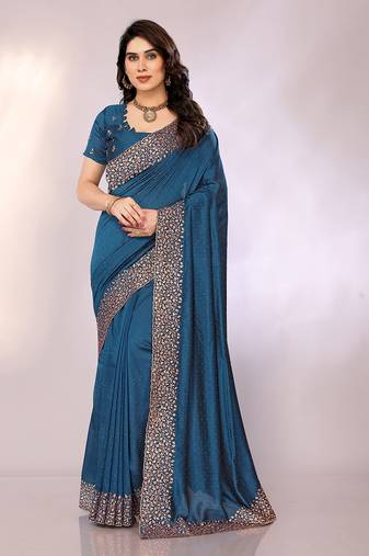 Teal color vichitra silk saree with blouse piece