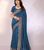 Teal color vichitra silk saree with blouse piece