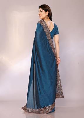 Teal color vichitra silk saree with blouse piece 2