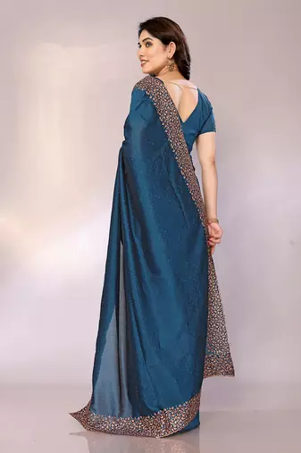 Teal color vichitra silk saree with blouse piece