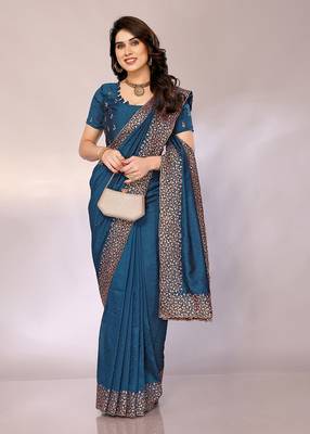 Teal color vichitra silk saree with blouse piece 3