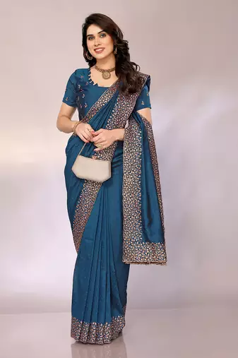 Teal color vichitra silk saree with blouse piece