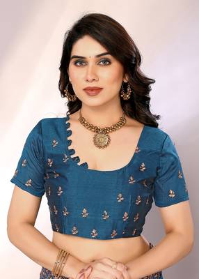 Teal color vichitra silk saree with blouse piece 4