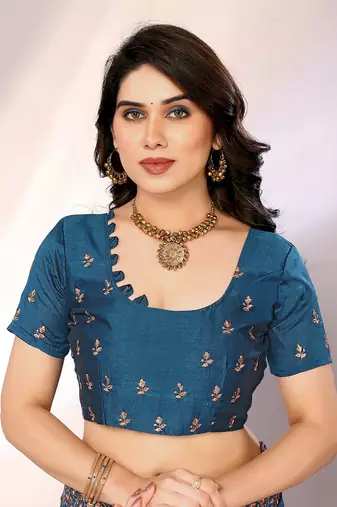 Teal color vichitra silk saree with blouse piece
