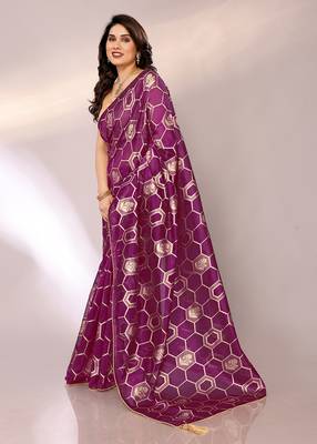 Self design, paisley, woven kanjivaram pure silk, organza saree with blouse piece 1
