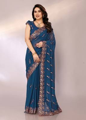 Dyed, embroidered, embellished bollywood silk blend saree with blouse piece 1