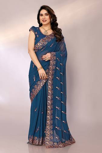 Dyed, embroidered, embellished bollywood silk blend saree with blouse piece