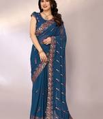 Dyed, embroidered, embellished bollywood silk blend saree with blouse piece