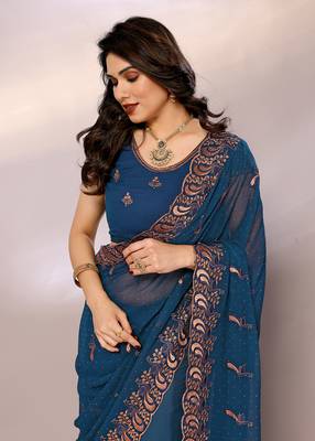 Dyed, embroidered, embellished bollywood silk blend saree with blouse piece 2