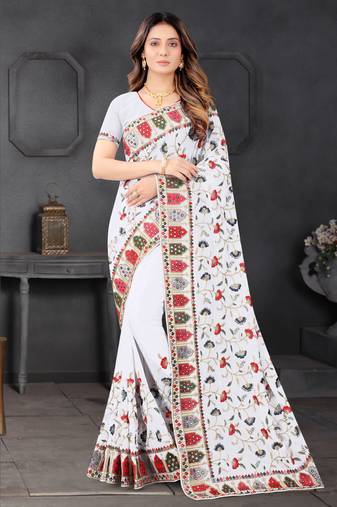 White Resham Zari Embroidery Work Georgette Saree