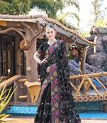 Black Resham Cross Embroidery Work Silk Saree