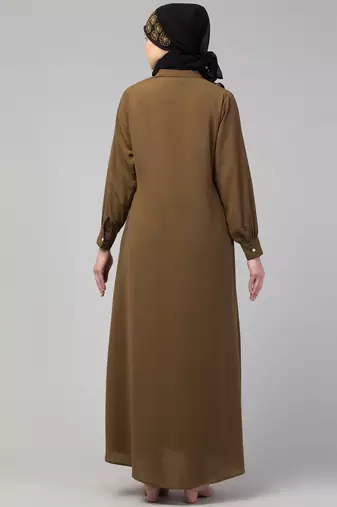 Front open Band Colar & cuff Daily wear casual Abaya Gold brown 