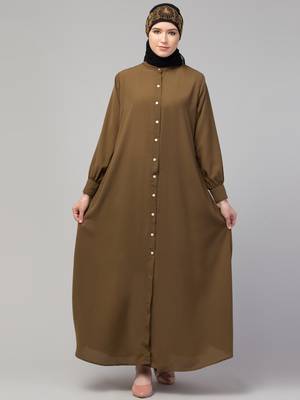 Front open Band Colar & cuff Daily wear casual Abaya Gold brown  4