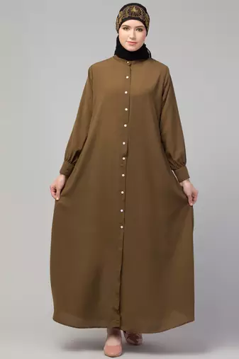 Front open Band Colar & cuff Daily wear casual Abaya Gold brown 
