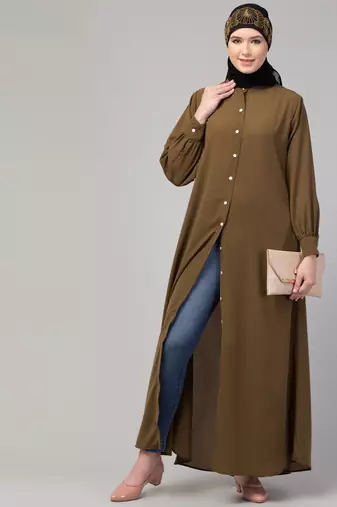 Front open Band Colar & cuff Daily wear casual Abaya Gold brown 