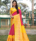  Bandhej With Kanjivaram Border With Zari Weaving Minakari Rich Pallu Saree 