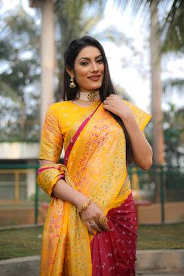  Bandhej With Kanjivaram Border With Zari Weaving Minakari Rich Pallu Saree  4