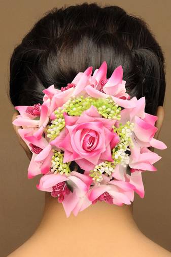 Pink color rose flower hair juda//bun