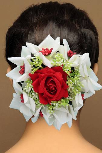 Red & white color rose flower hair juda//bun