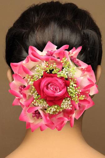 Rani color rose flower hair juda//bun