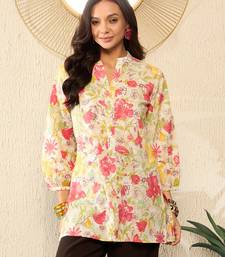 women off white cotton floral printed regular top