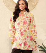 women off white cotton floral printed regular top