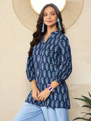women blue cotton blend floral printed regular top 3