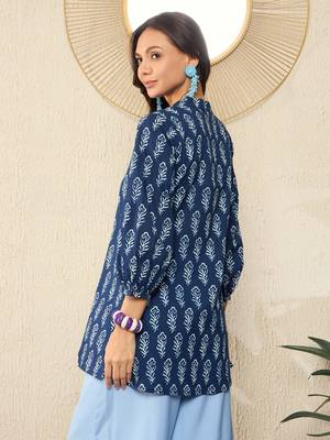 women blue cotton blend floral printed regular top 4