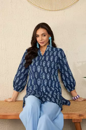women blue cotton blend floral printed regular top