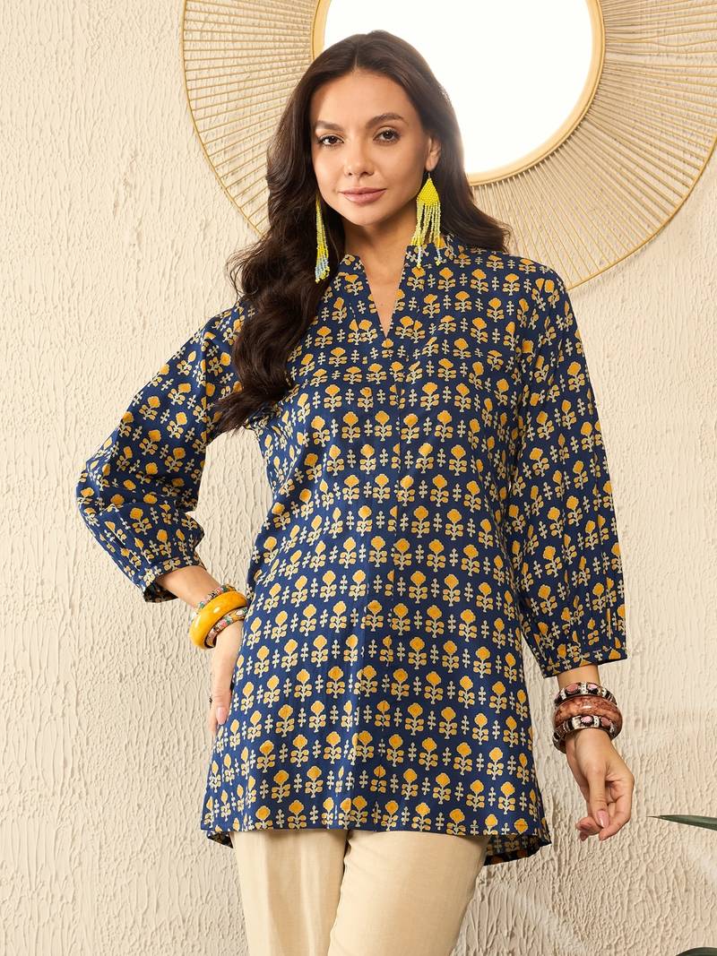 blue cotton blend ethnic motifs printed regular top