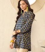 blue cotton blend ethnic motifs printed regular top