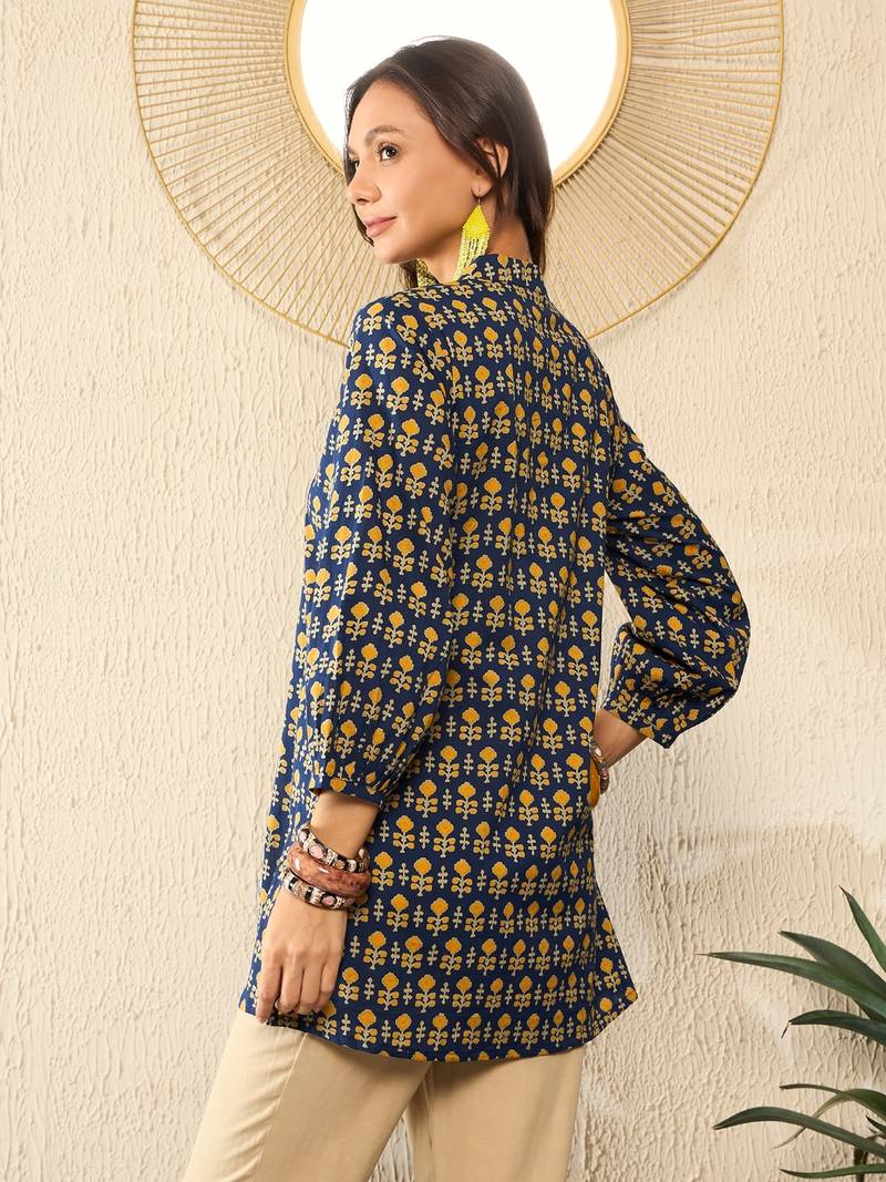 blue cotton blend ethnic motifs printed regular top