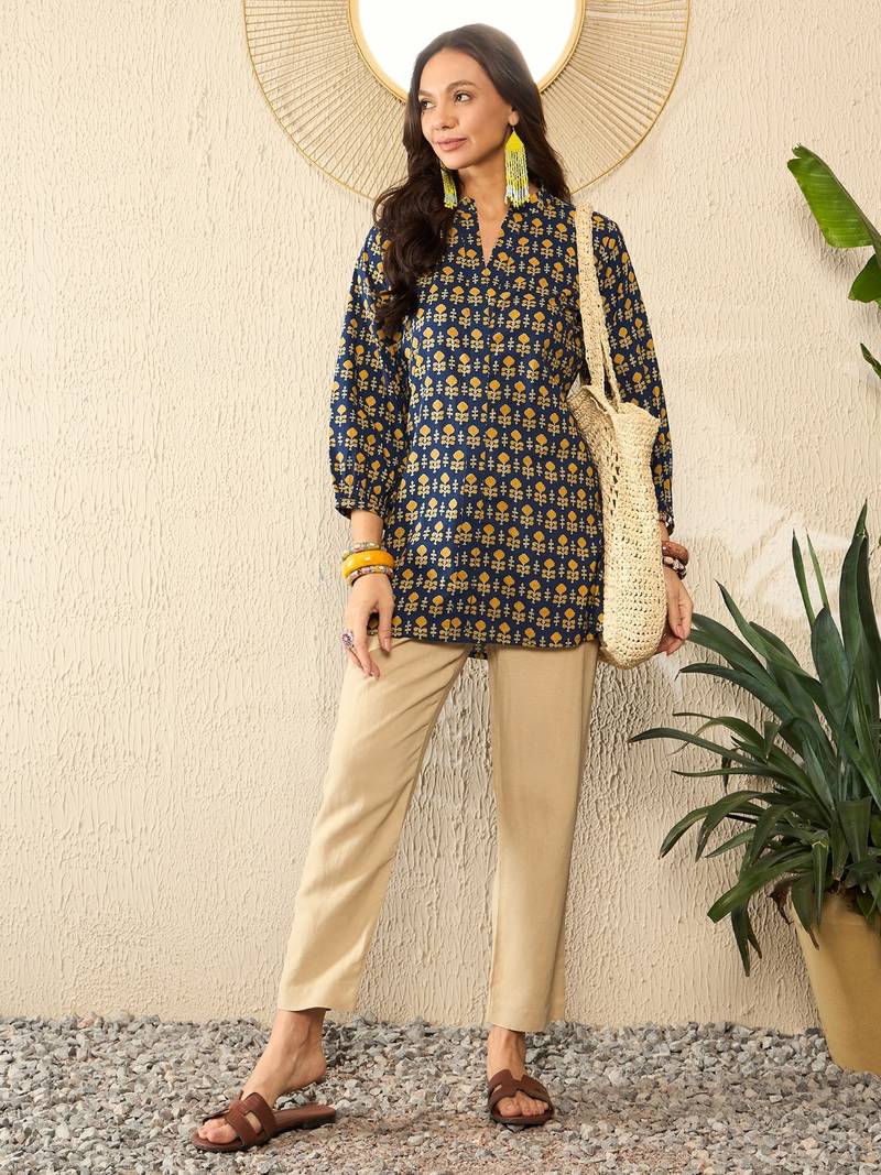 blue cotton blend ethnic motifs printed regular top