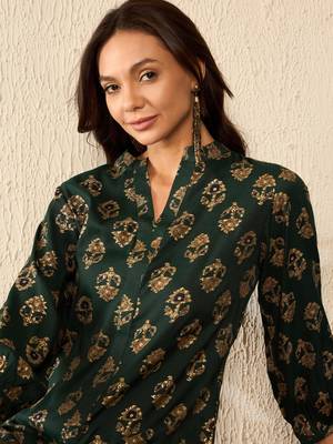 Green Cotton Poly Printed Floral Kurti 2