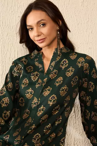 Green Cotton Poly Printed Floral Kurti