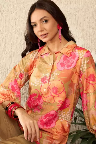 women green rayon blend floral printed top and trousers coord sets