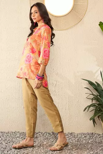women green rayon blend floral printed top and trousers coord sets