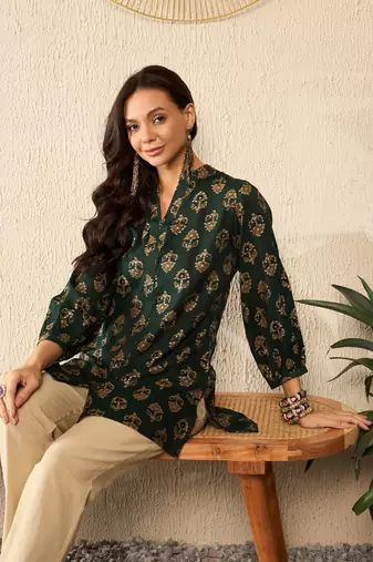 Green Cotton Poly Printed Floral Kurti