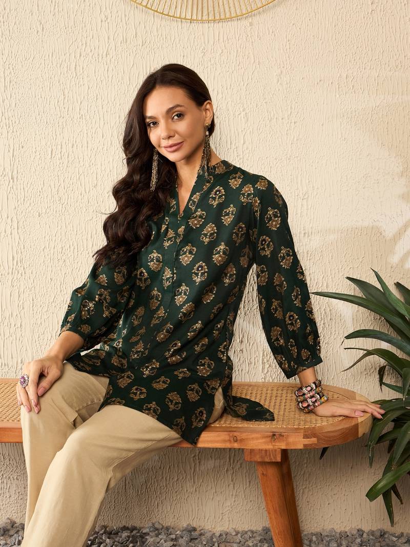 Green Cotton Poly Printed Floral Kurti