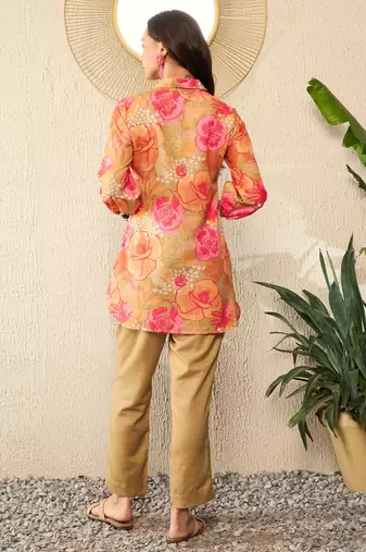 women green rayon blend floral printed top and trousers coord sets