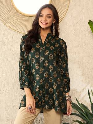 Green Cotton Poly Printed Floral Kurti 1