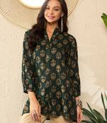 Green Cotton Poly Printed Floral Kurti