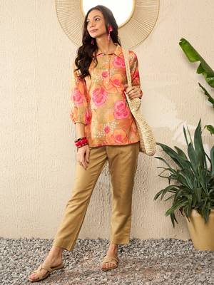 women green rayon blend floral printed top and trousers coord sets 1