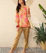 women green rayon blend floral printed top and trousers coord sets