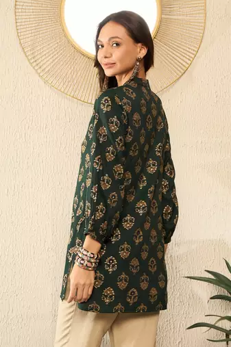 Green Cotton Poly Printed Floral Kurti