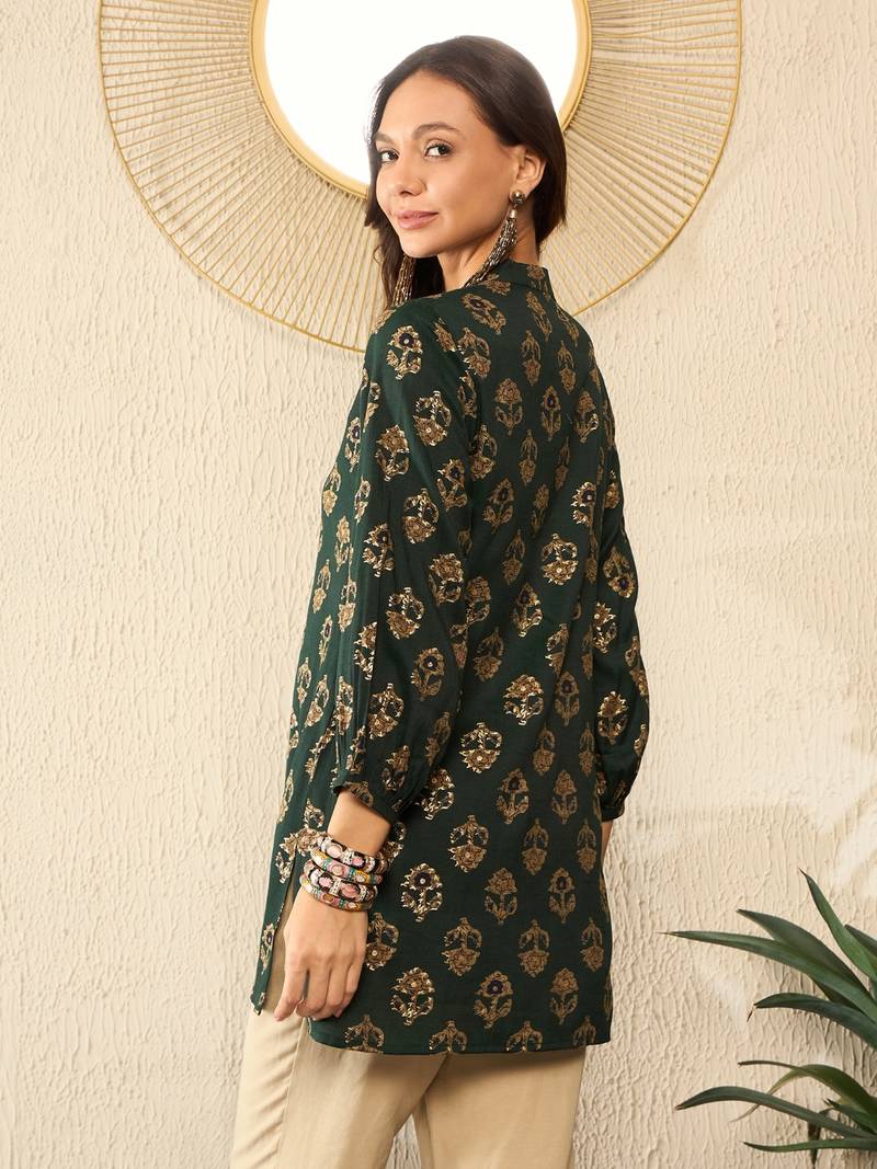 Green Cotton Poly Printed Floral Kurti