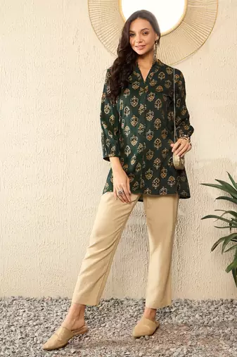 Green Cotton Poly Printed Floral Kurti