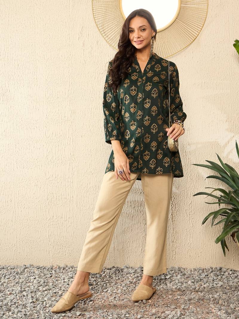Green Cotton Poly Printed Floral Kurti